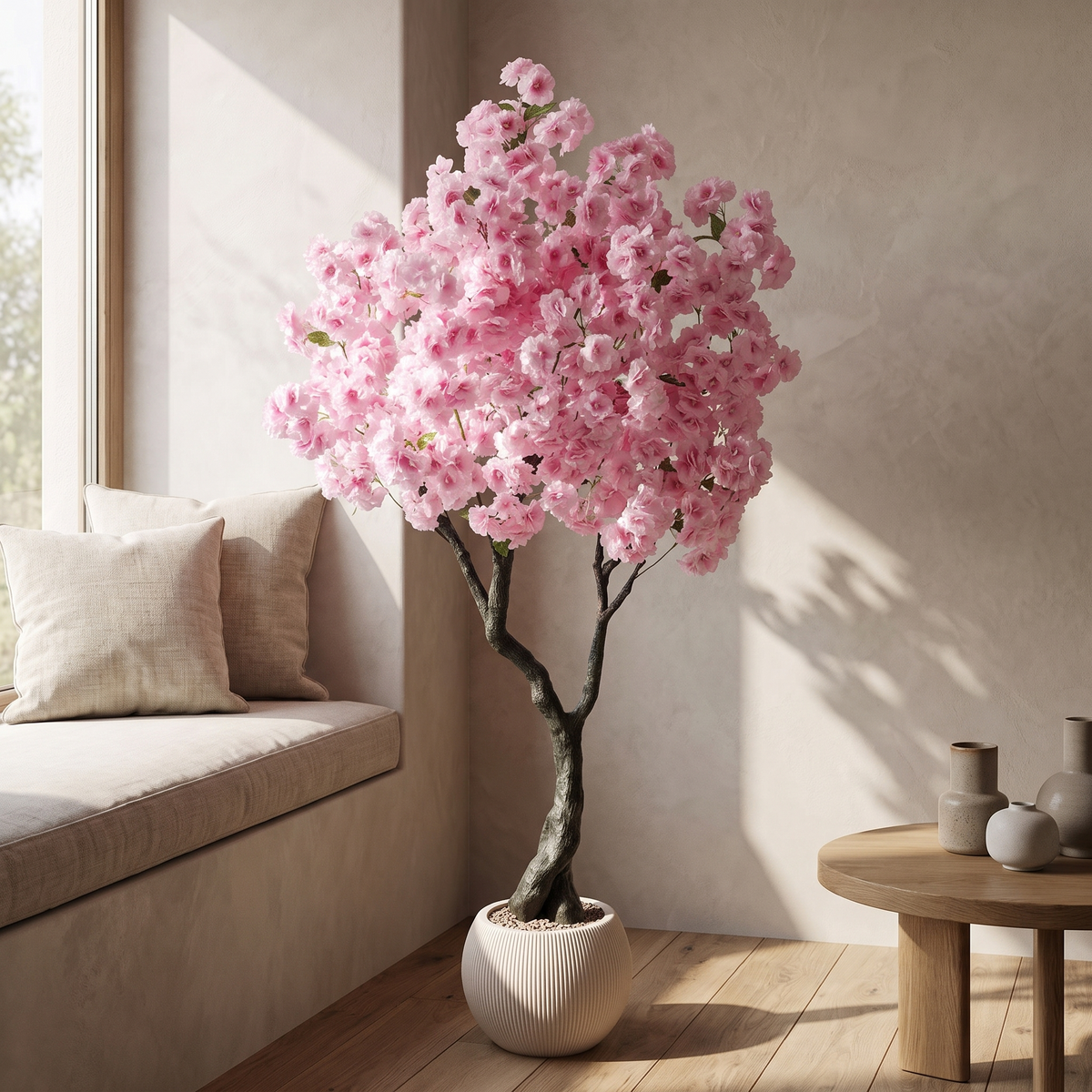 Artificial cherry blossom tree with a four-trunk base in a black cement pot
