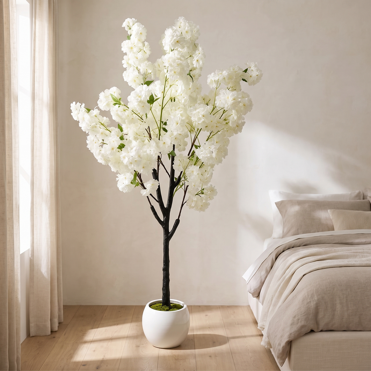 Artificial weeping cherry blossom tree with white silk blossoms