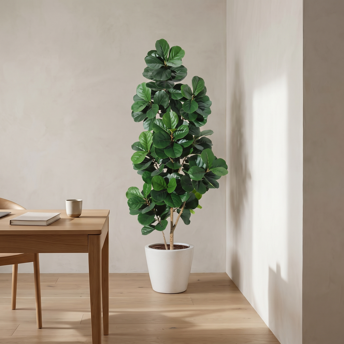 Artificial fiddle leaf fig tree with a full leaf canopy