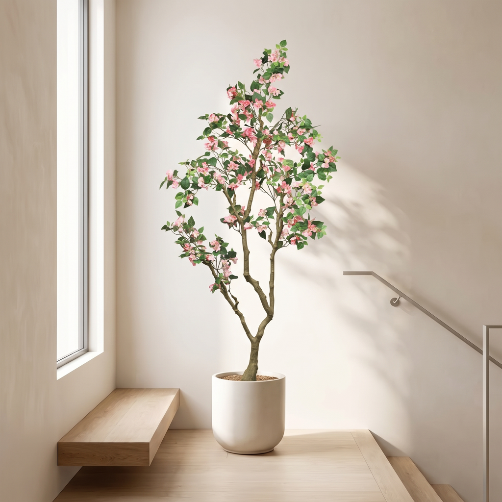 Artificial bougainvillea tree with pink silk bracts in a cement-filled base