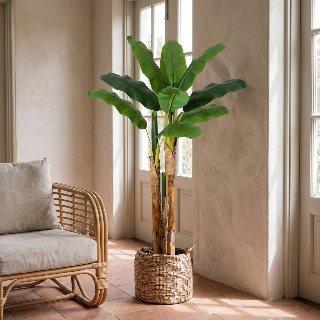 Artificial banana tree with UV-resistant PE leaves in a grey planter