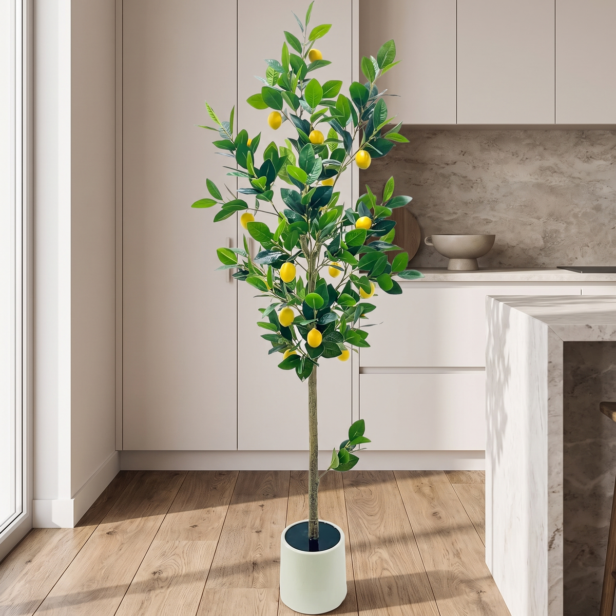 Artificial lemon tree on metal-wire branches in a white planter