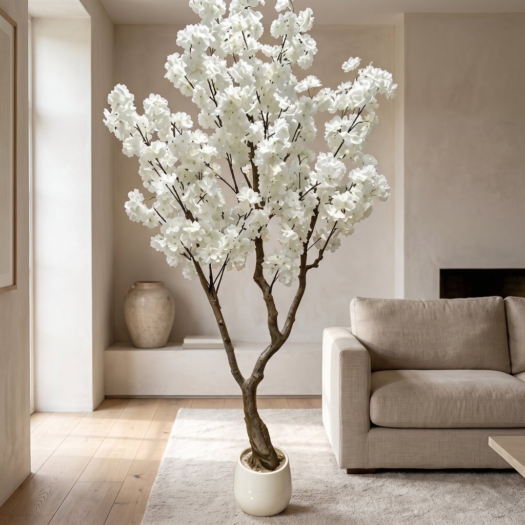 Artificial cherry blossom tree with pink blossoms on a textured trunk