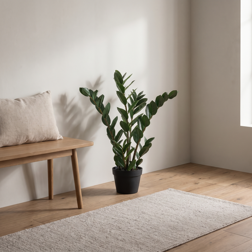 Artificial ZZ plant with real-touch leaves in a black pot