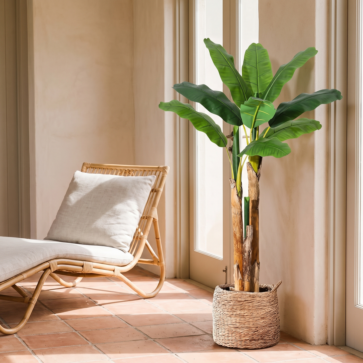 Artificial banana tree with wire-shapeable branches in a grey planter