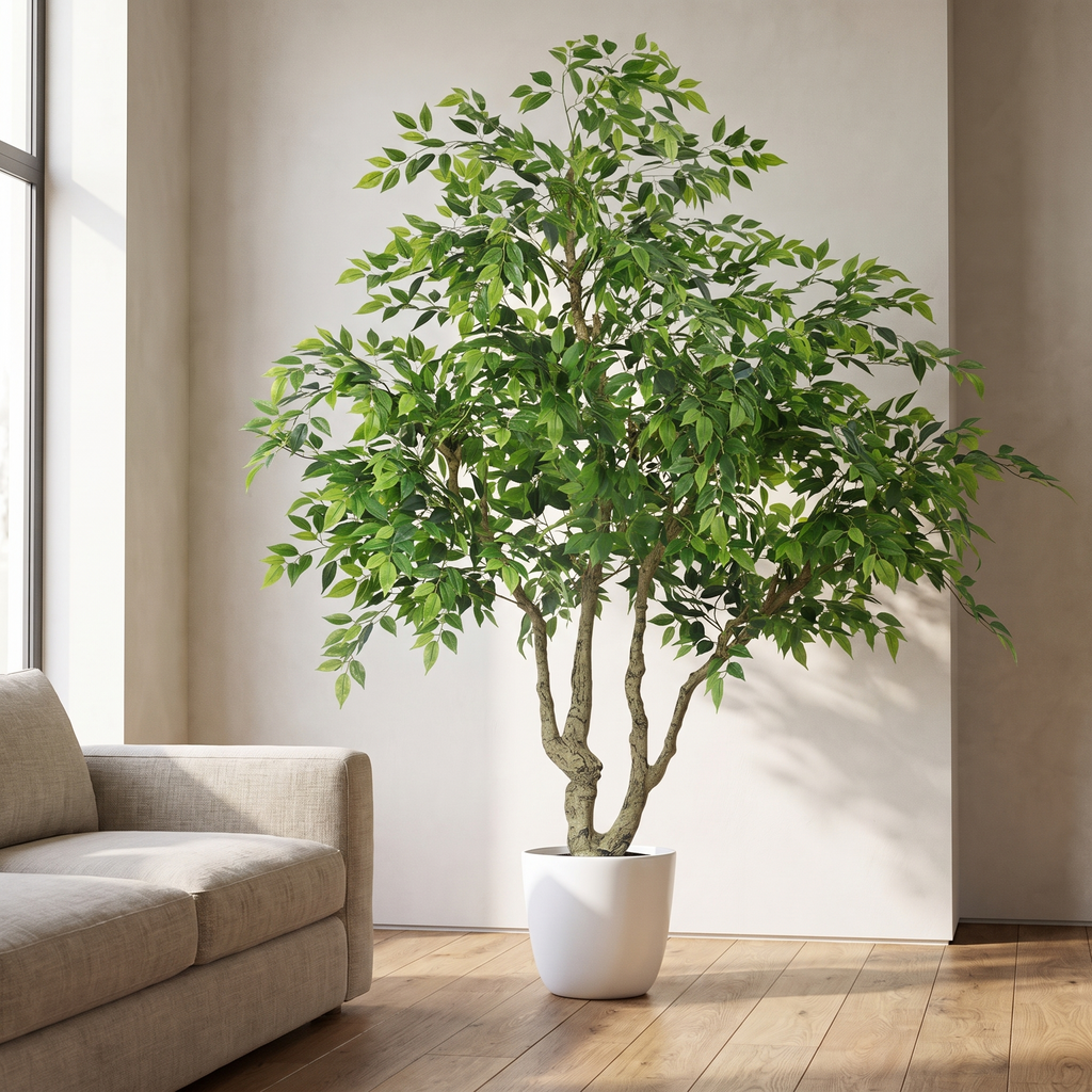 Artificial banyan tree with a natural wood trunk and silk leaves