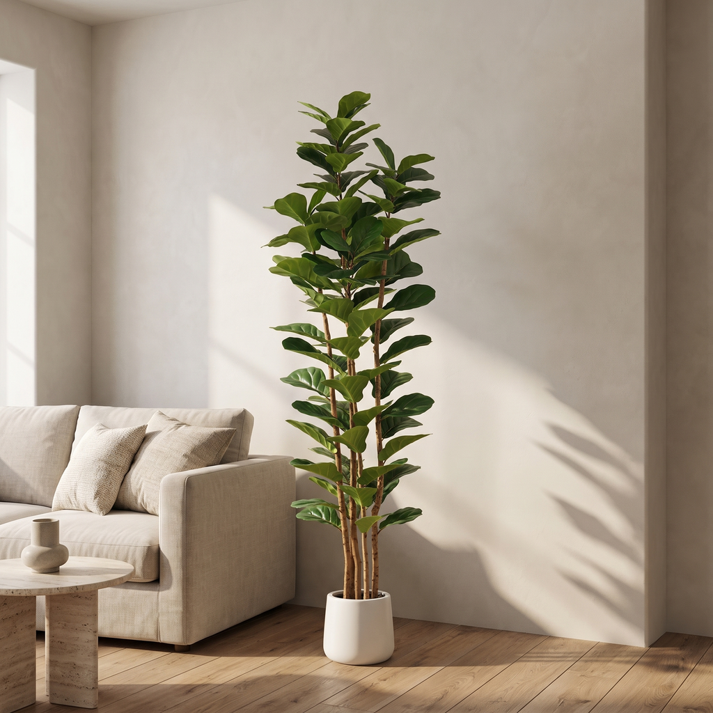 Artificial fiddle leaf fig tree in a white pot
