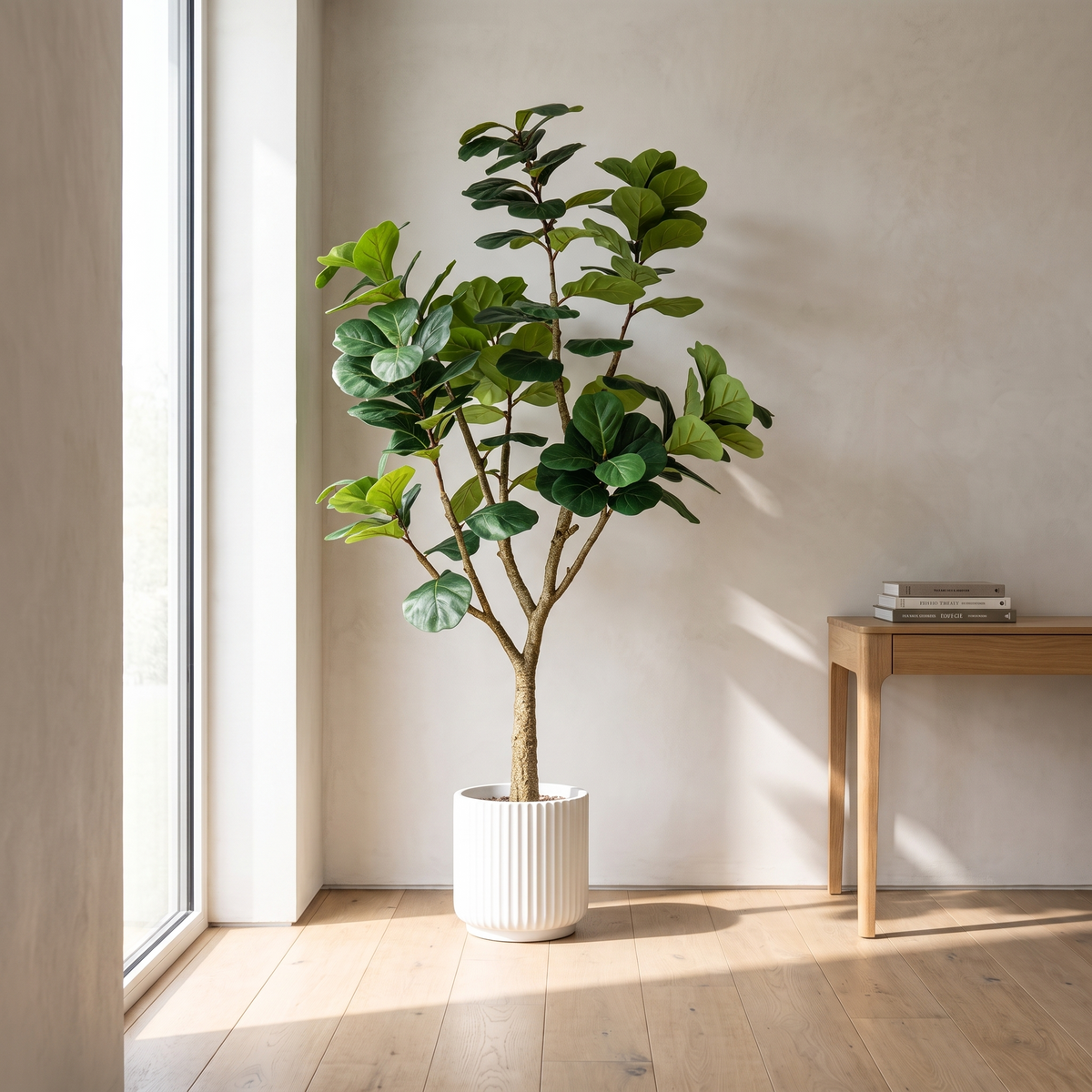 Tall artificial fiddle leaf fig tree in a black pot