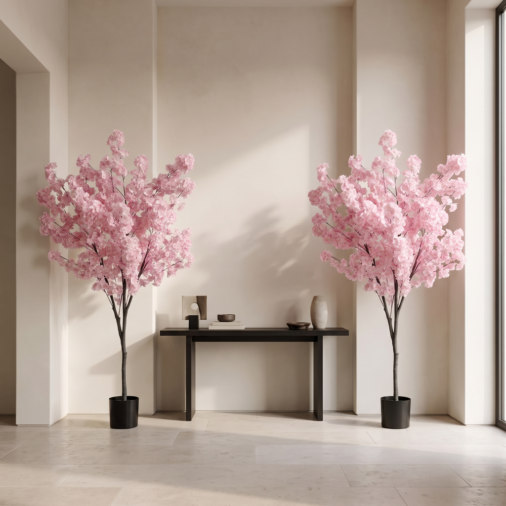 Pair of artificial cherry blossom trees in cement pots
