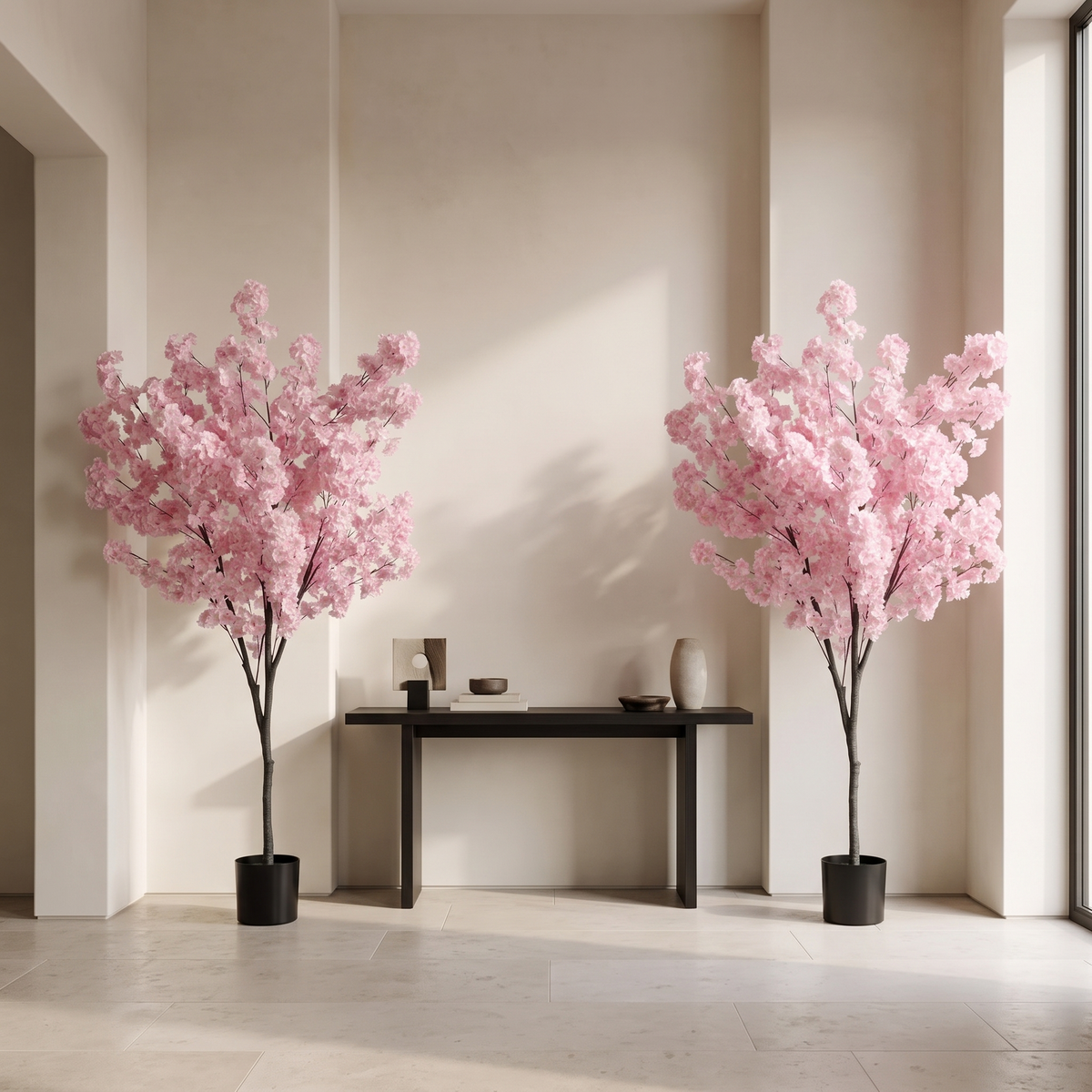 Pair of artificial cherry blossom trees in cement pots