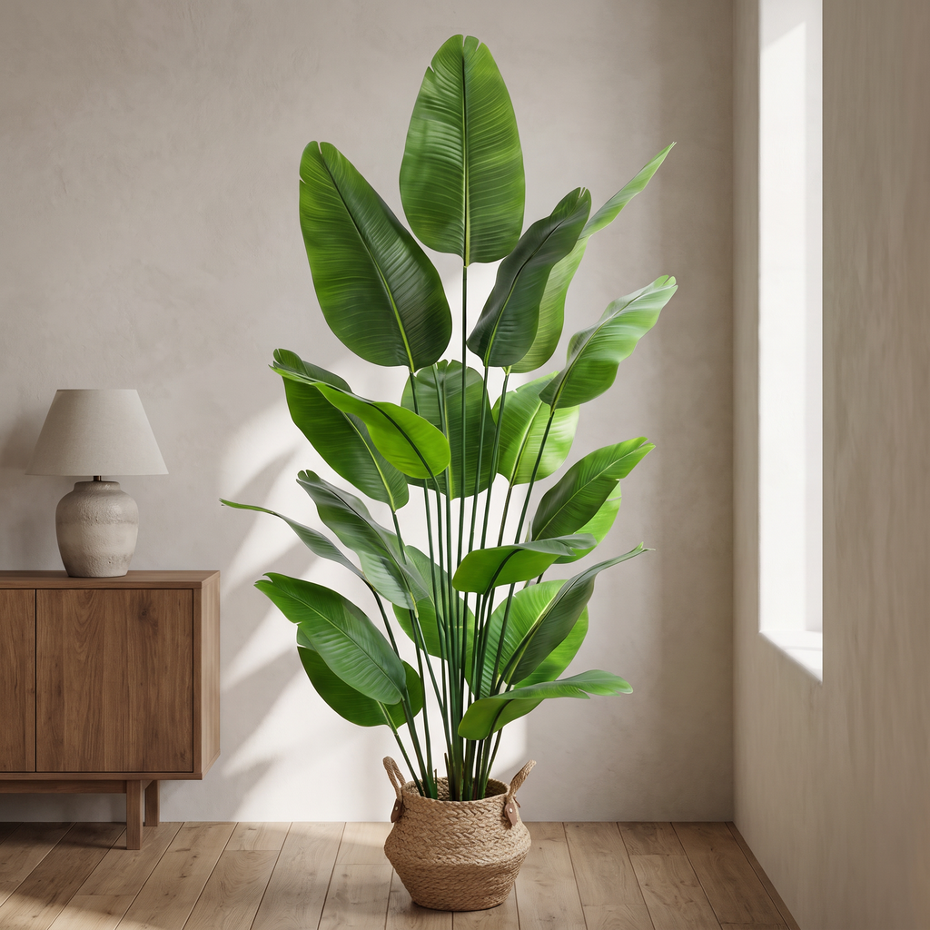 Artificial bird of paradise plant with silk leaves in a woven basket