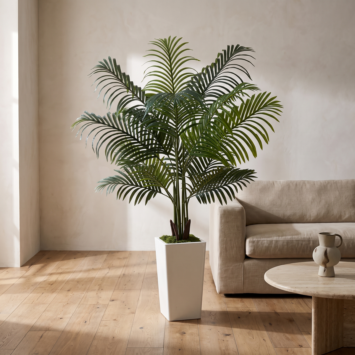 Artificial areca palm tree with wire-shaped fronds on a stable base