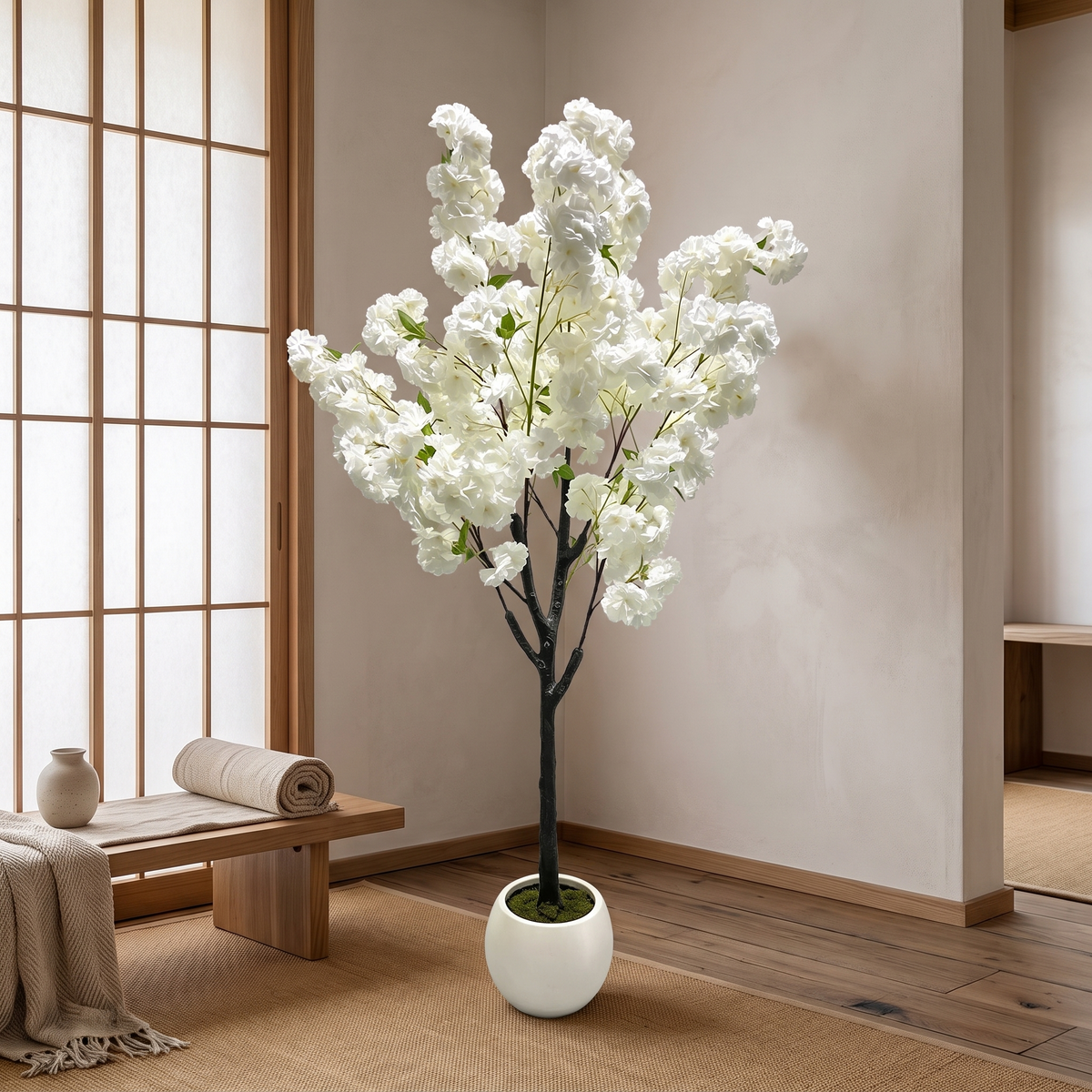 Artificial cherry blossom tree with white sakura blossoms