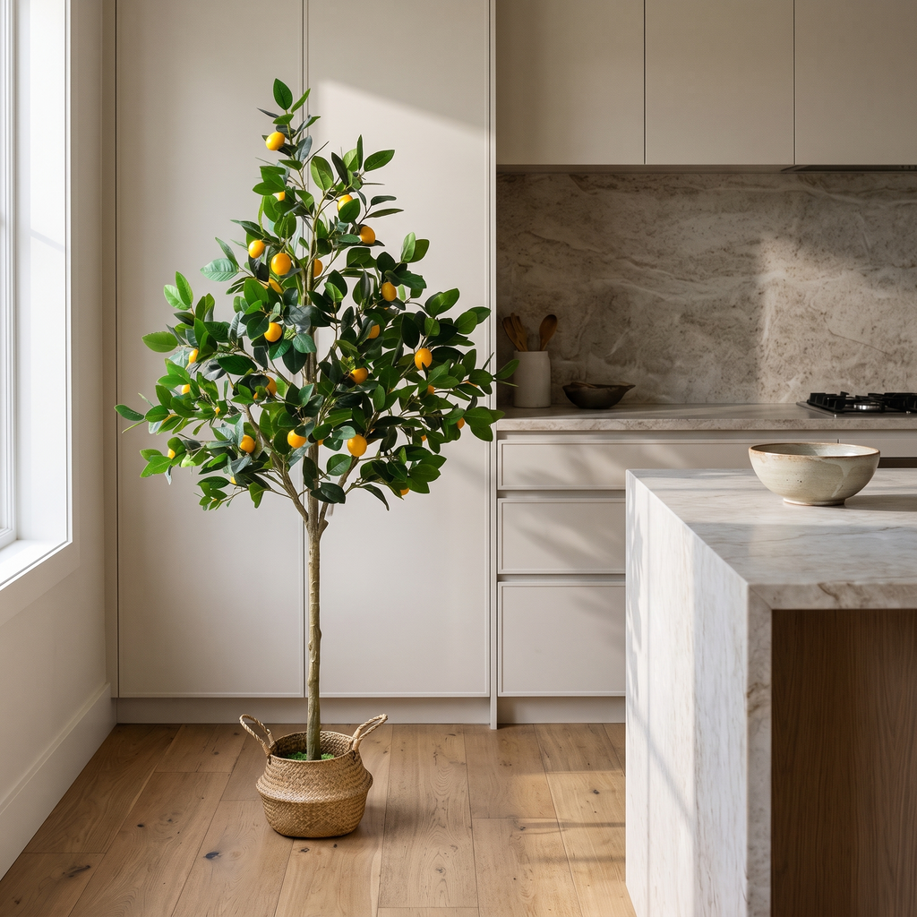 Artificial lemon tree with faux silk foliage in a weighted planter