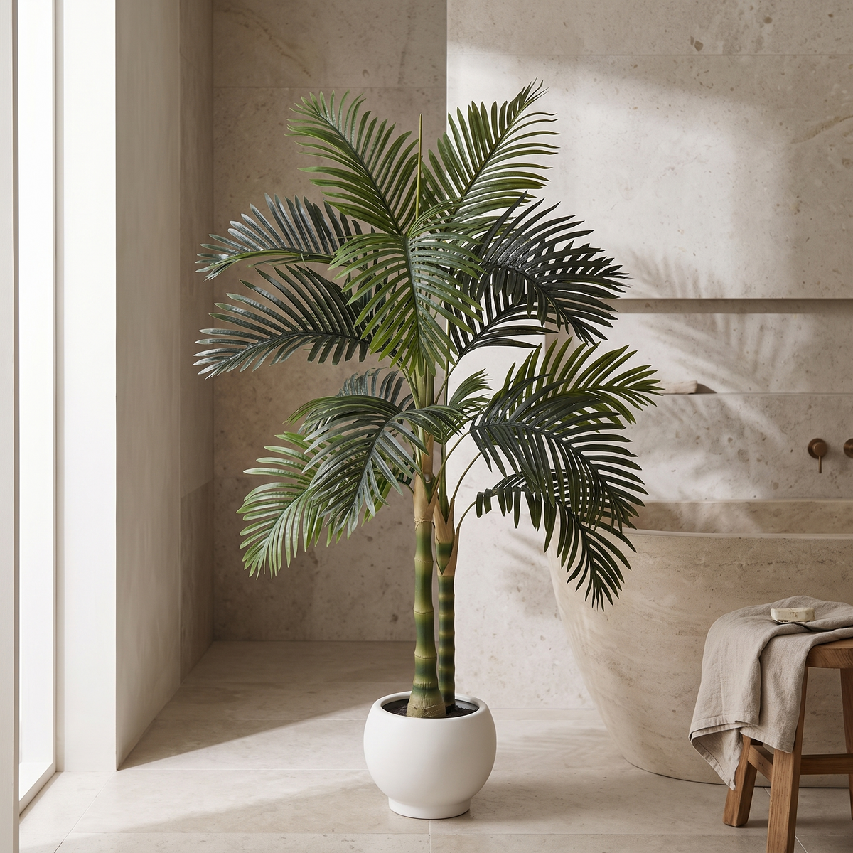 Artificial golden cane palm tree in a black pot