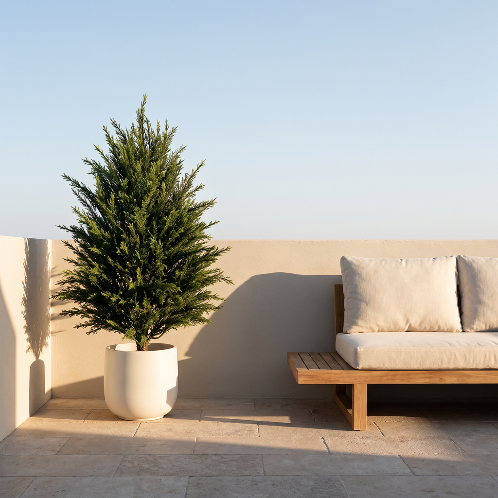 Artificial cedar topiary bush with clipped PE foliage