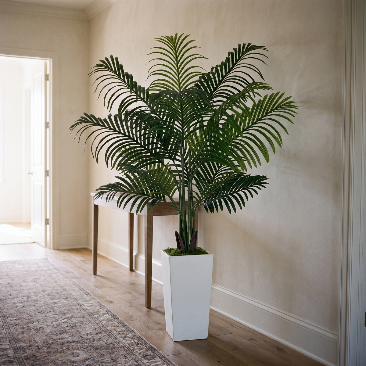 Artificial 12-stem areca palm tree in a tall white planter