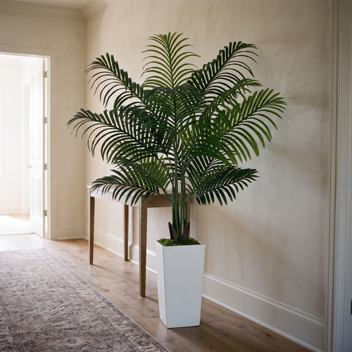 Artificial 12-stem areca palm tree in a tall white planter