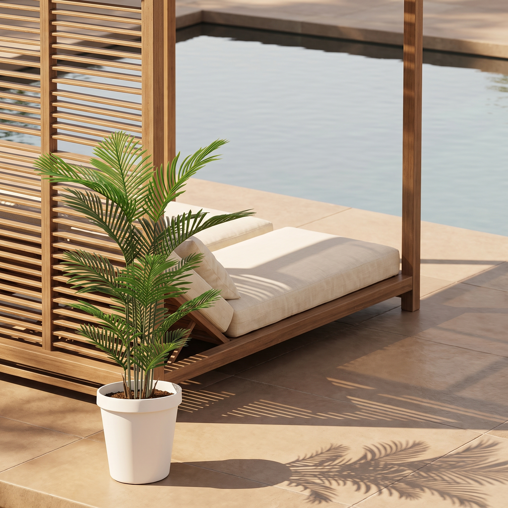 Pair of artificial areca palm trees with arching fronds