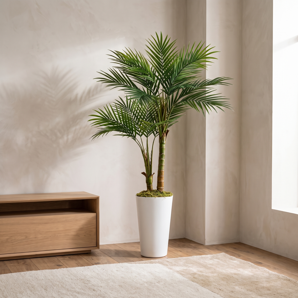 Artificial areca palm tree in a white planter