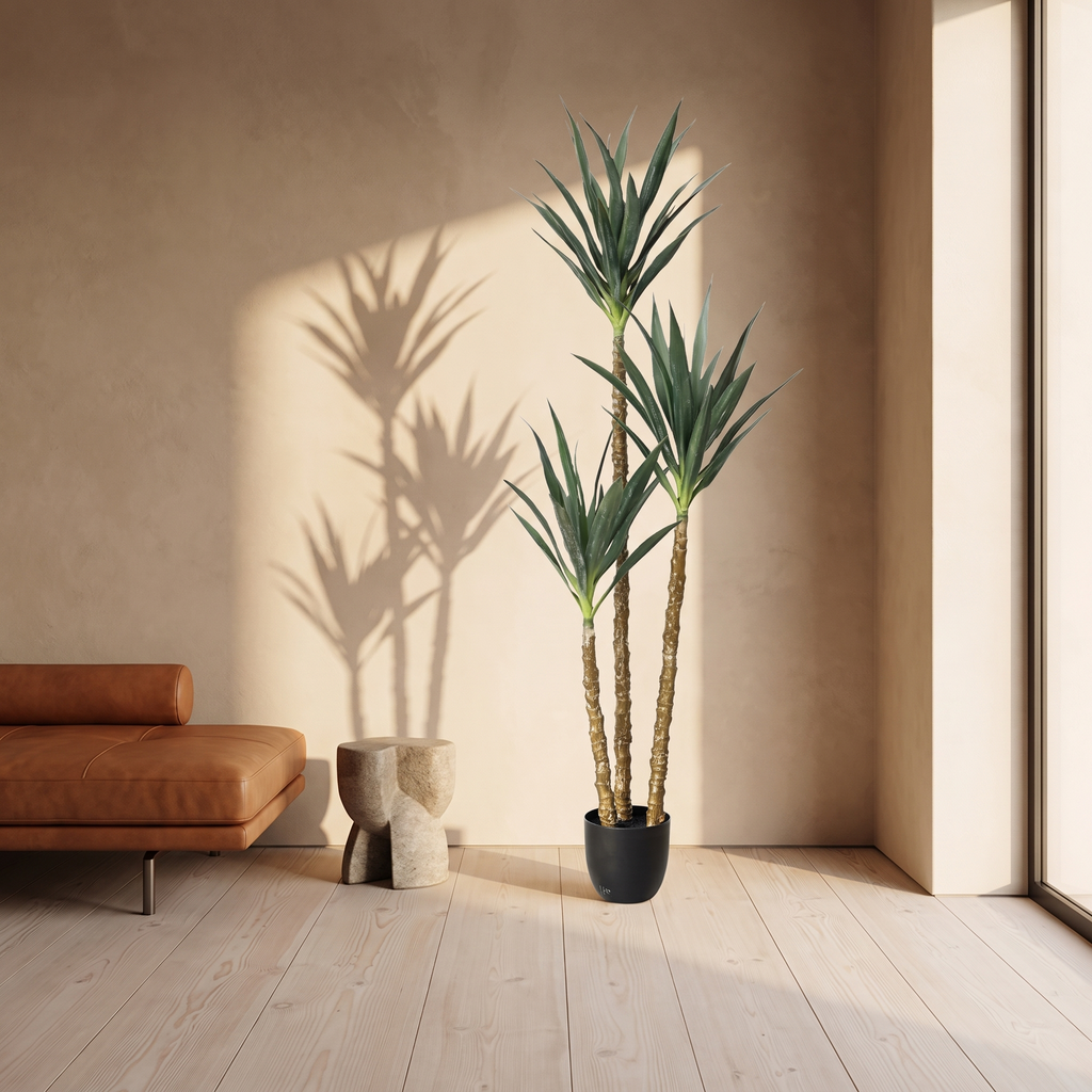 Artificial agave plant with three rosette stems on one base