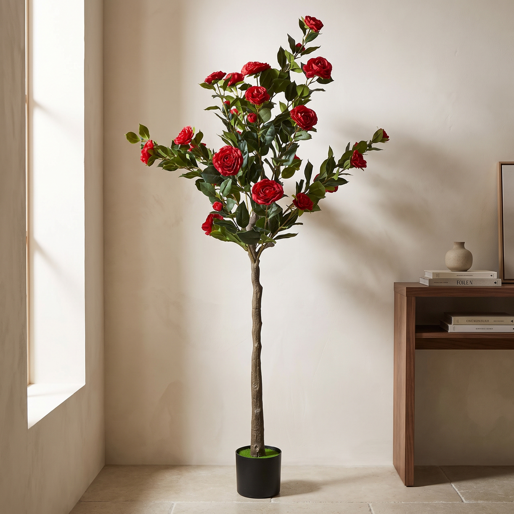 Artificial camellia tree with red blooms in a cement-filled pot
