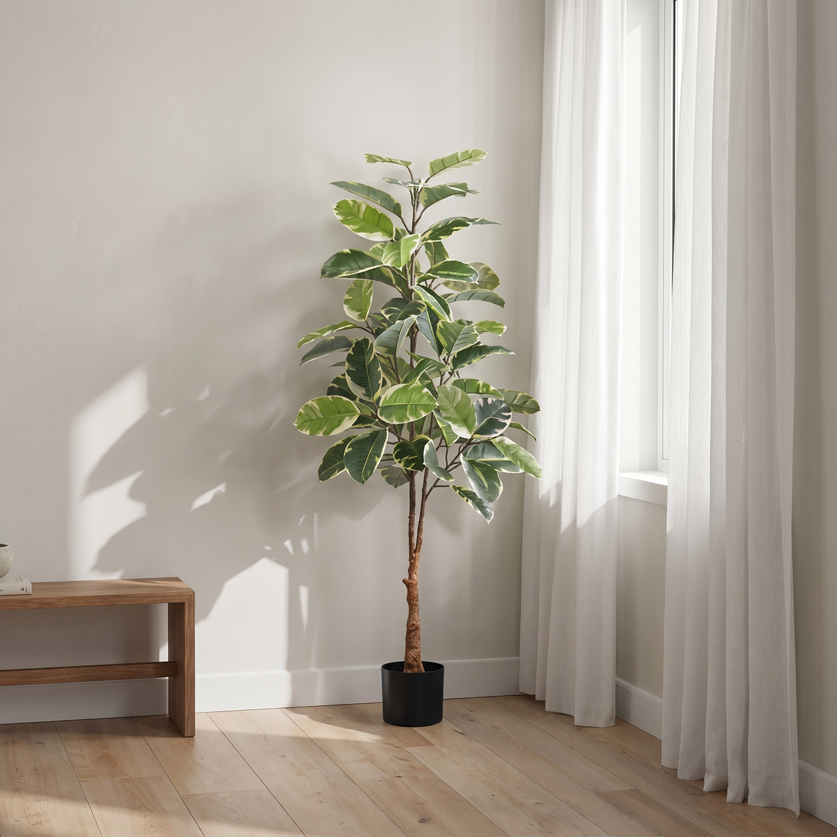 Artificial rubber tree with variegated real-touch leaves