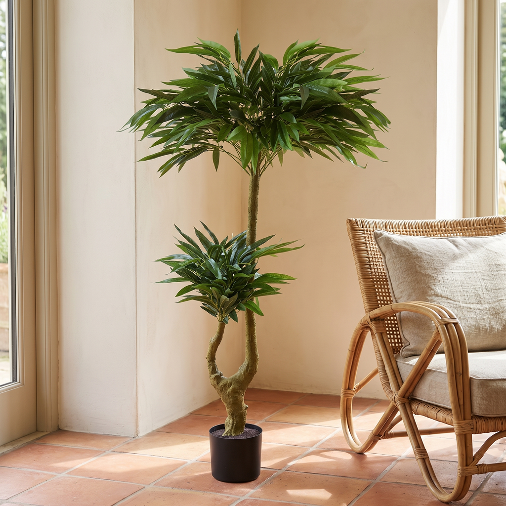 Artificial willow tree with interlocking root clusters in a black pot