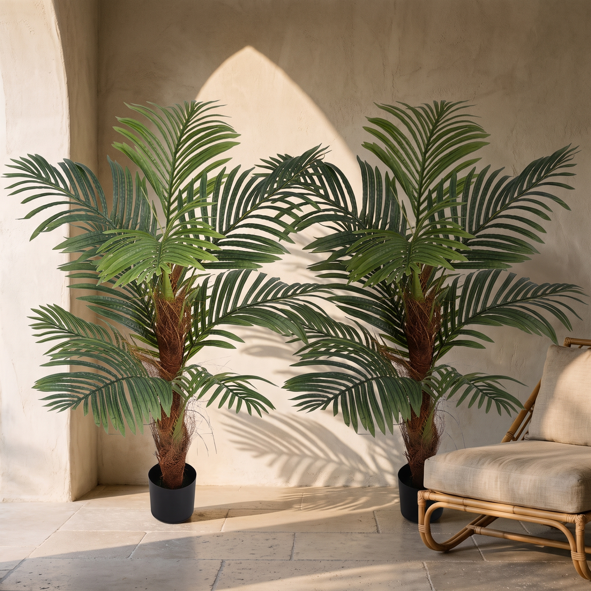 Artificial palm tree on stainless-steel branches with an anti-tip base