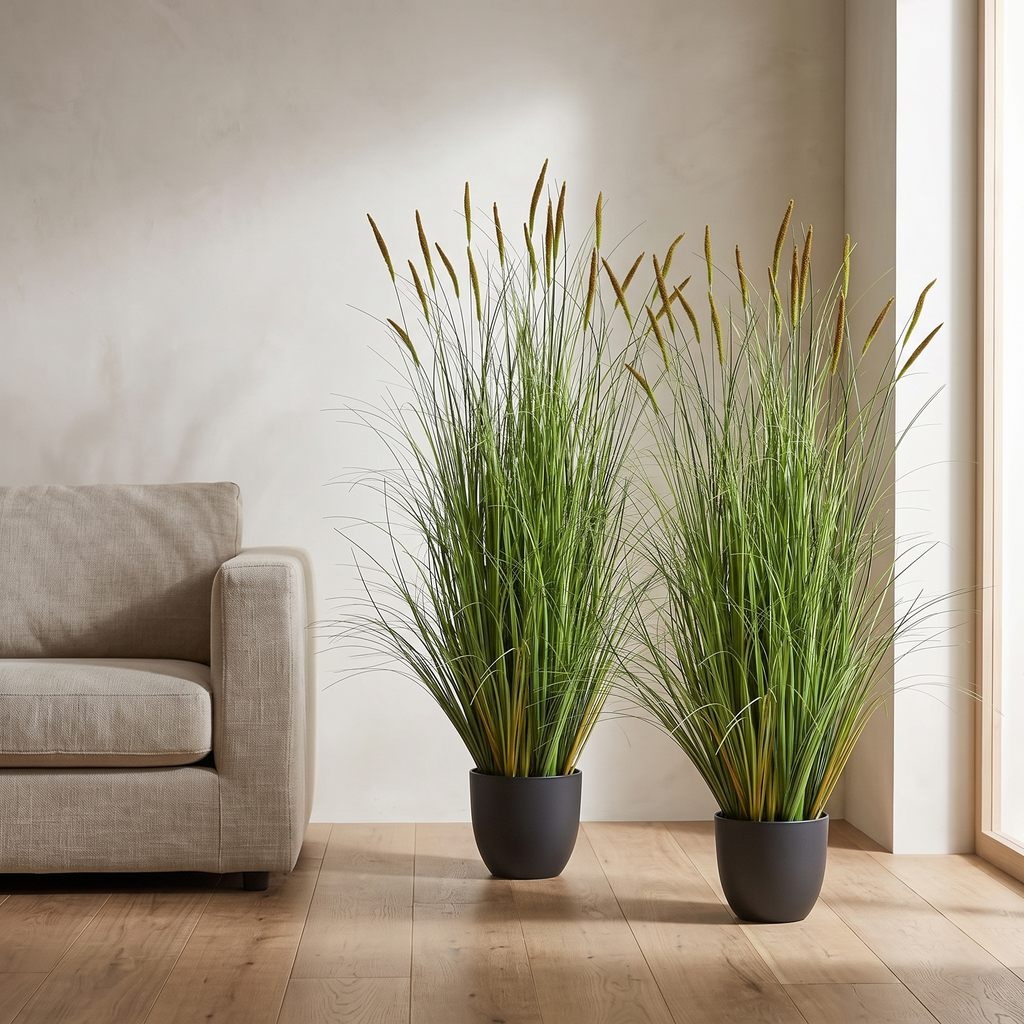 Two-pack of potted artificial cattail and onion grass arrangements