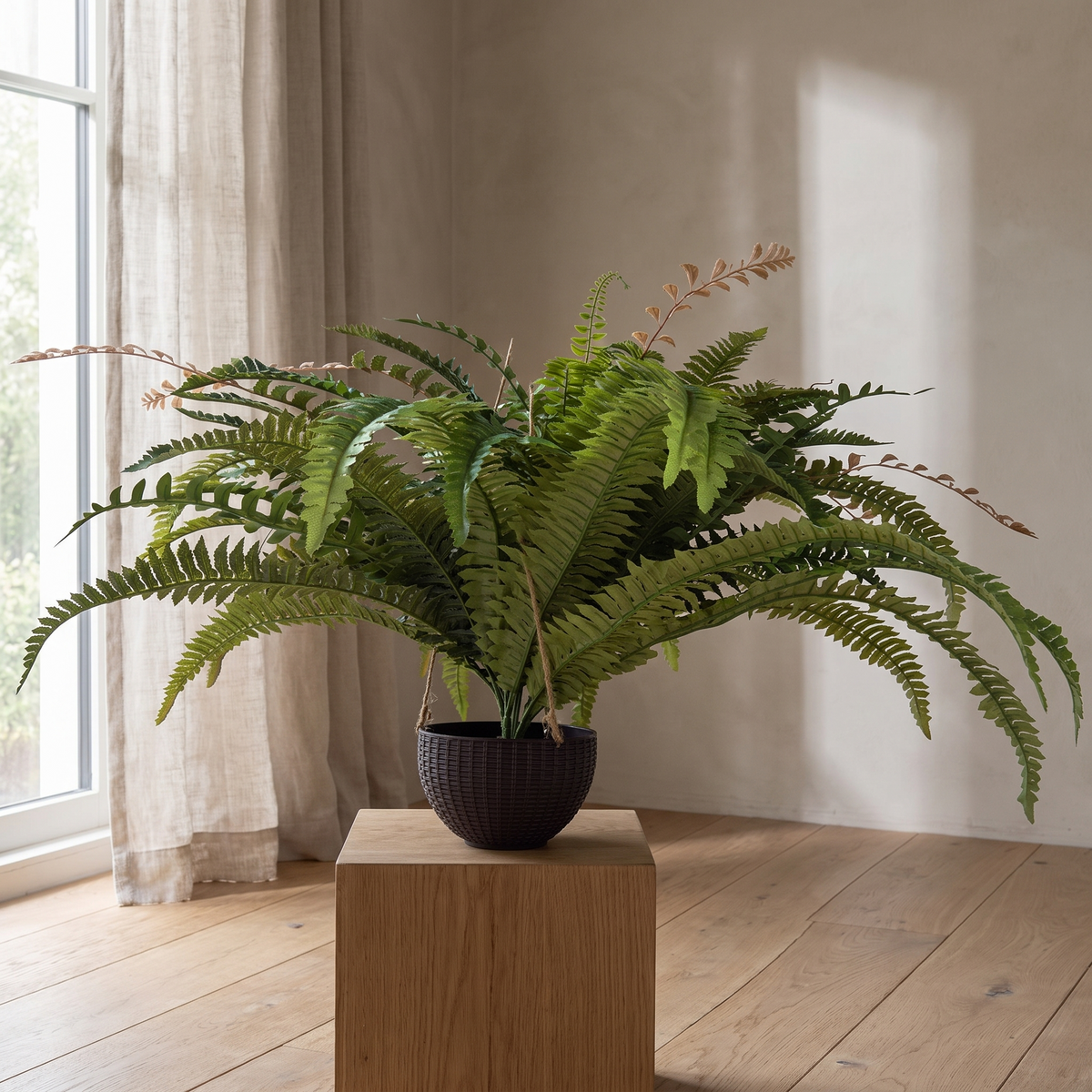 Hanging artificial Boston fern with a full 80-branch spread