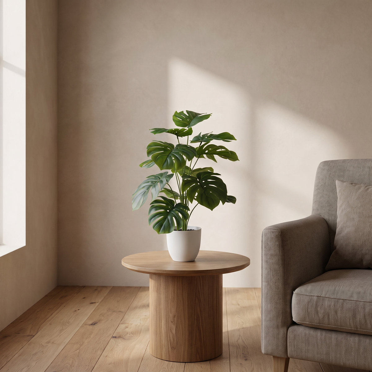 Artificial monstera plant with real-touch leaves in a white tabletop pot