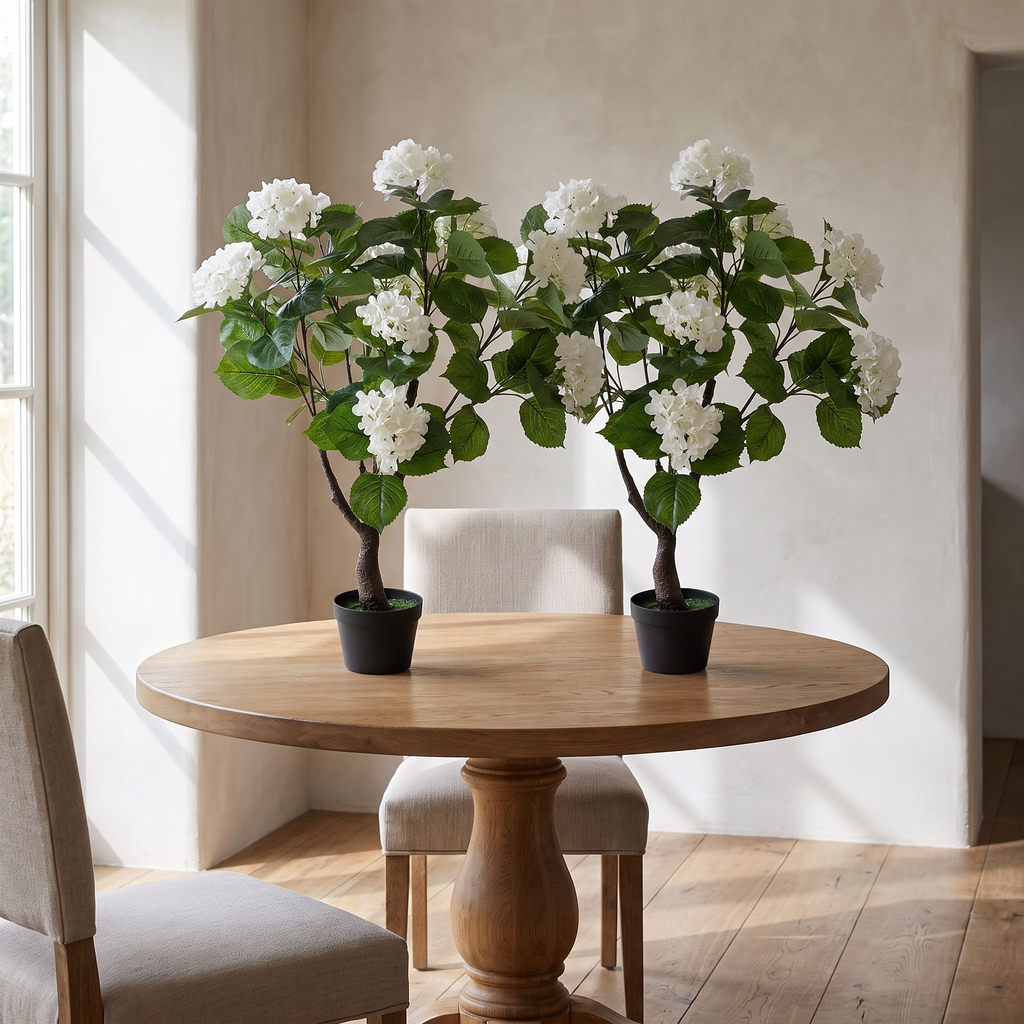 Artificial hydrangea tree with white blooms in a plastic pot