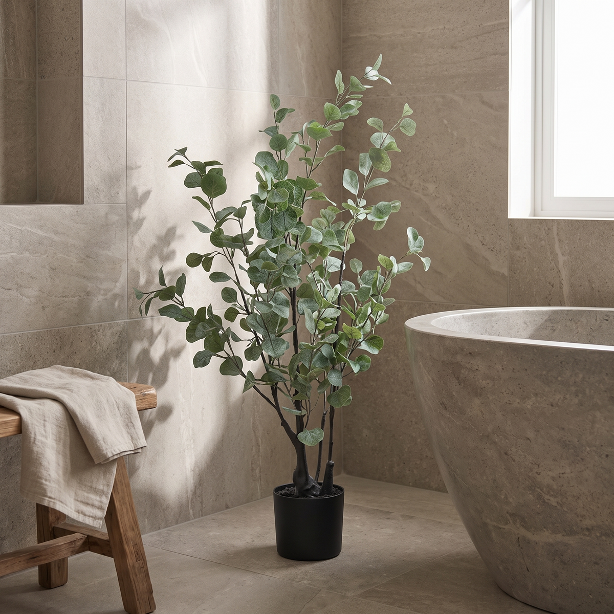 Artificial eucalyptus tree with frosted-green foliage
