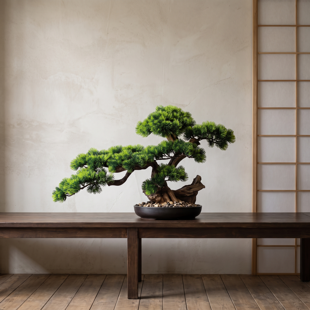 Artificial bonsai pine tree as a potted tabletop piece