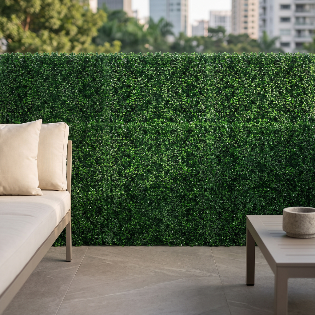 Artificial hedge wall panel set with an interlocking mesh back