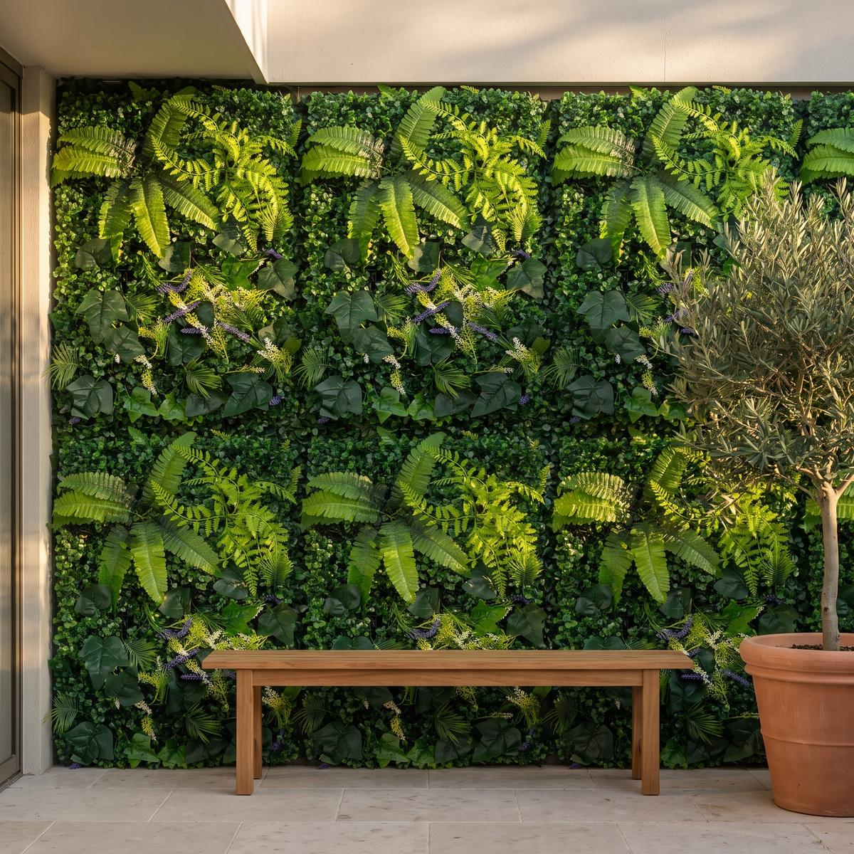 Six-panel artificial greenery wall panel set with mixed leaf foliage