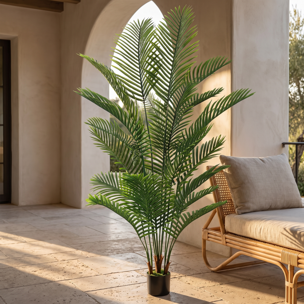 Artificial palm tree with a coconut-coir base in a black pot