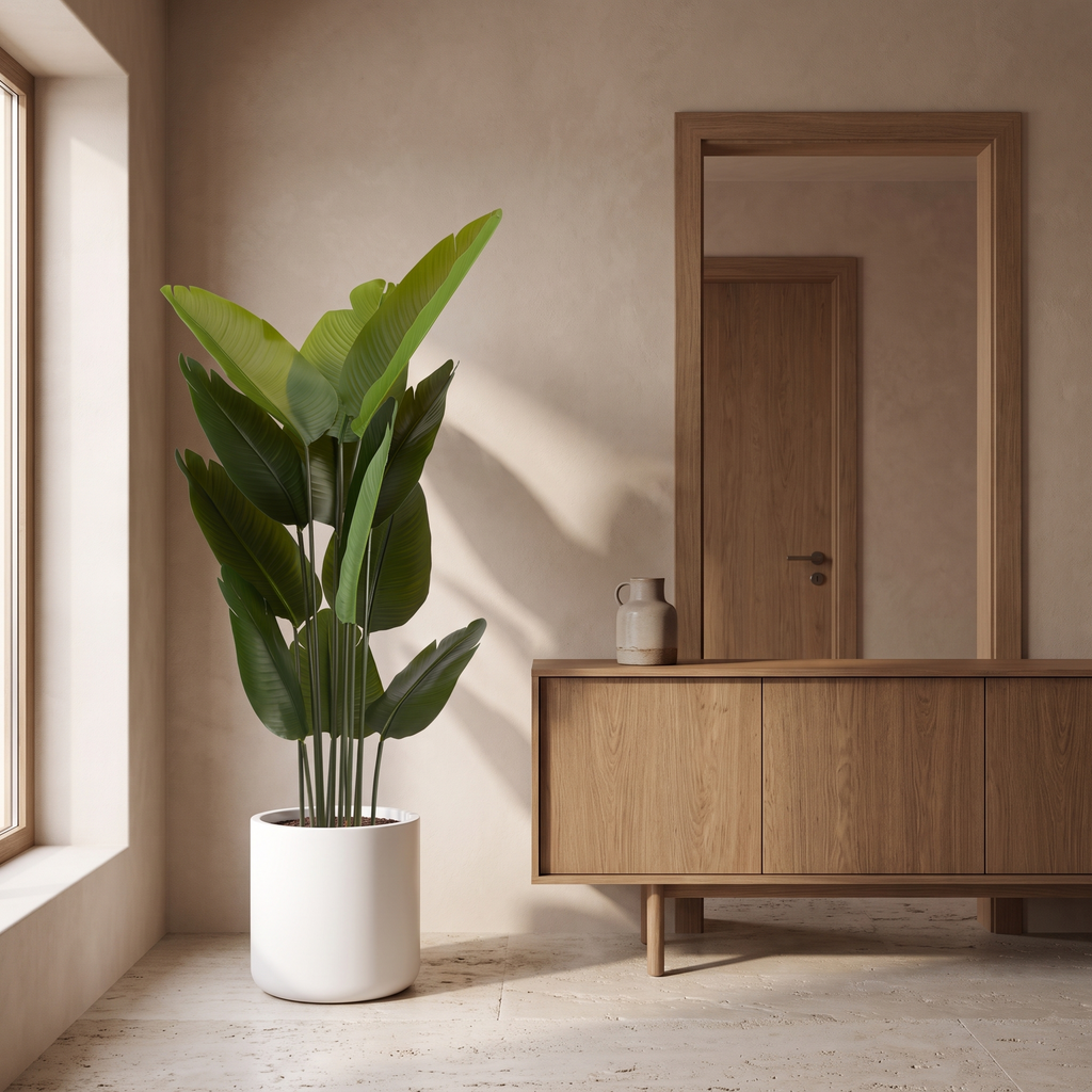 Pair of artificial bird of paradise plants with broad leaves