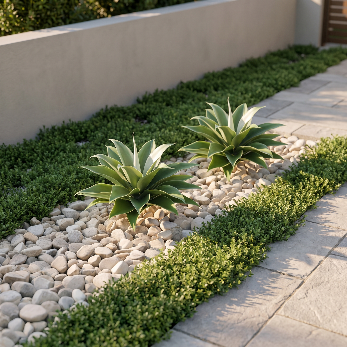Pair of artificial agave plants with pointed leaves on ground stakes
