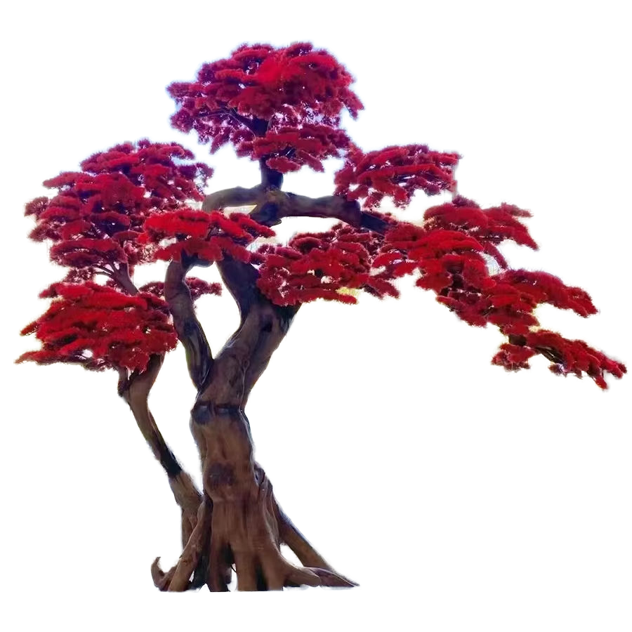 The trunk of the artificial pine rising between its tiers of branches