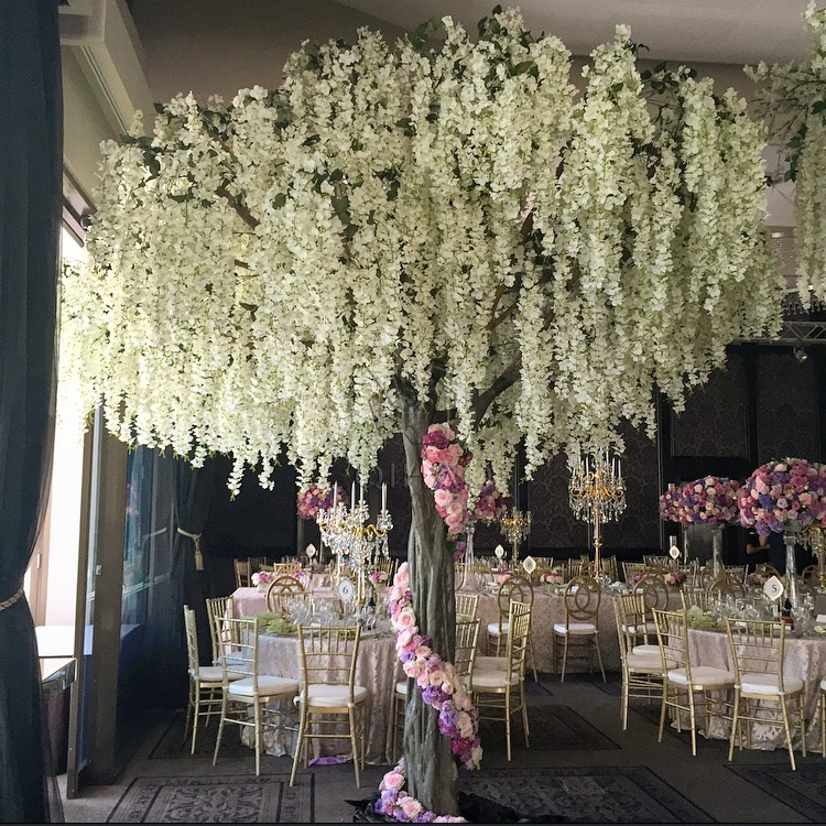 The wisteria tree used as an elegant backdrop at a wedding ceremony