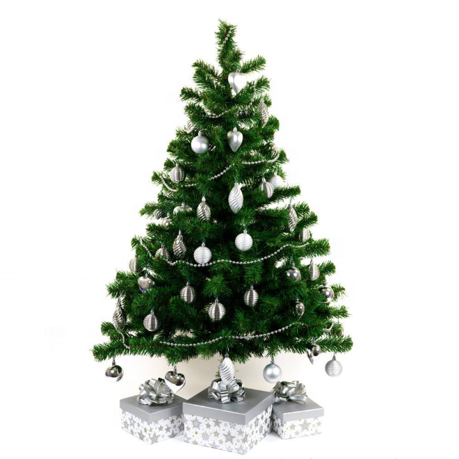 Artificial pine Christmas tree with dense green needles across tiered branches