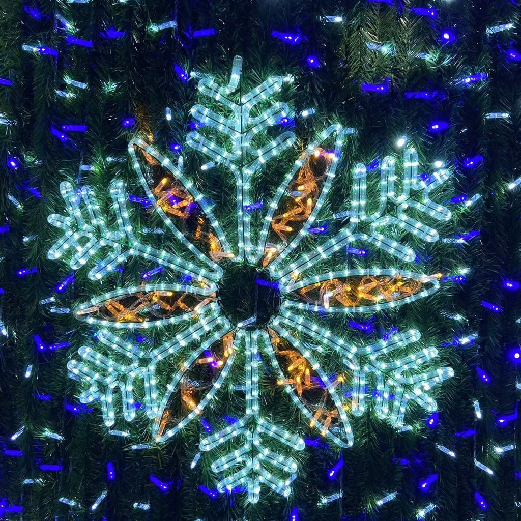 Warm white Christmas lights wrapped around the trees lining a retail street
