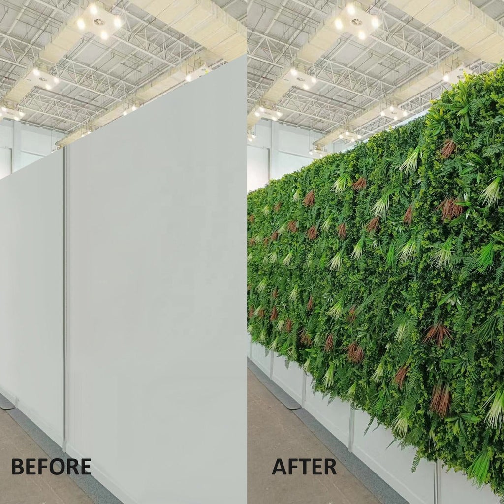 Corner detail where two boxwood panels meet, with foliage hiding the joint line