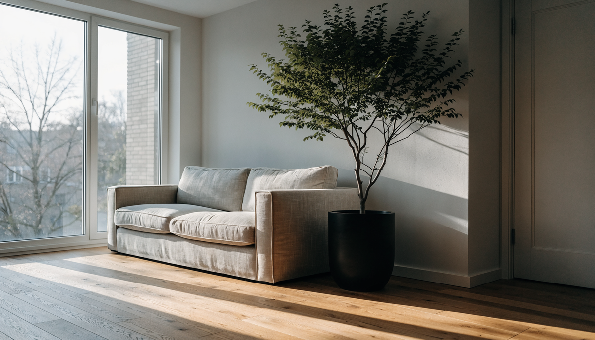 Tall artificial tree beside a window in a contemporary living room