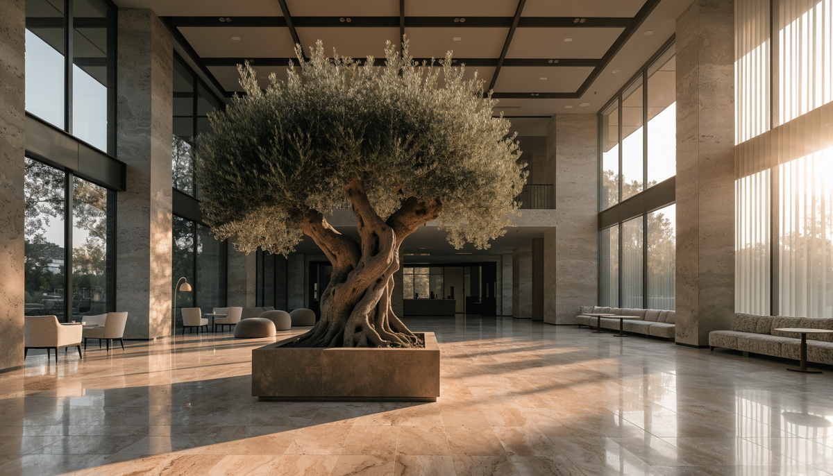 Large artificial olive tree in a sunlit double-height hotel lobby