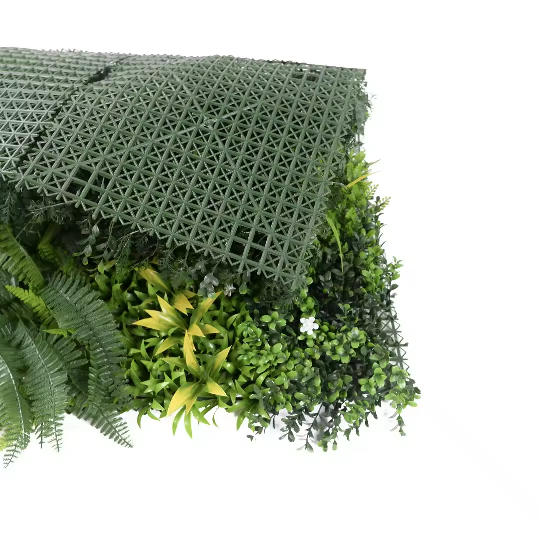 Grass wall panels running behind a reception counter in a modern retail interior