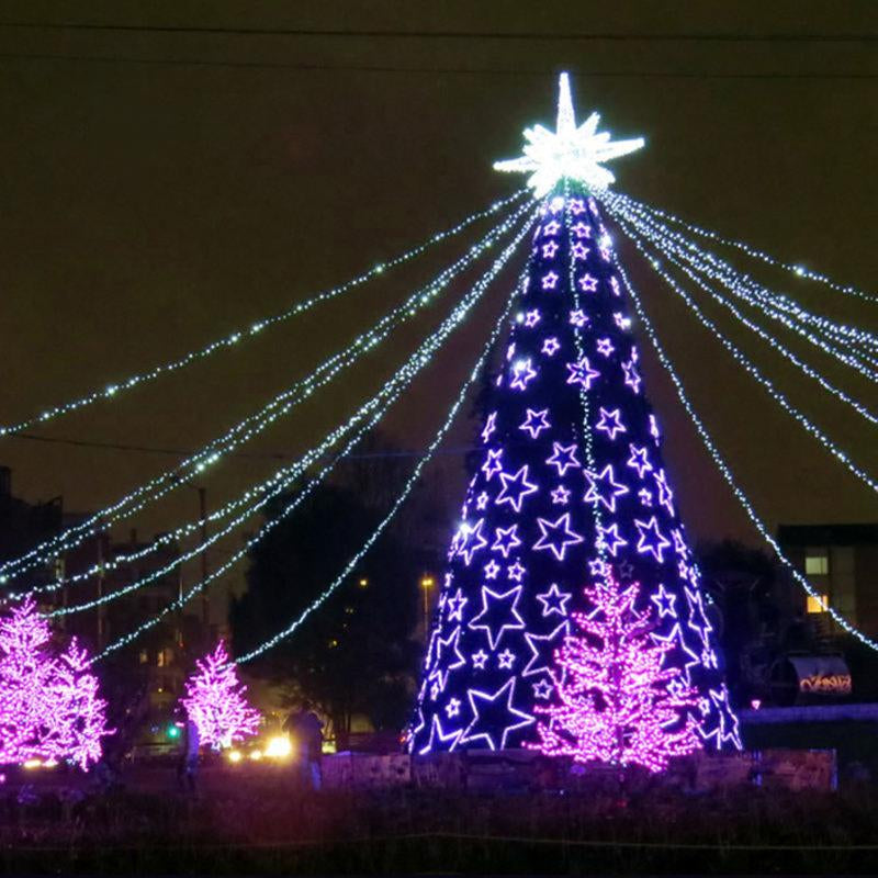 The metal frame tree assembled on site ahead of a plaza Christmas display